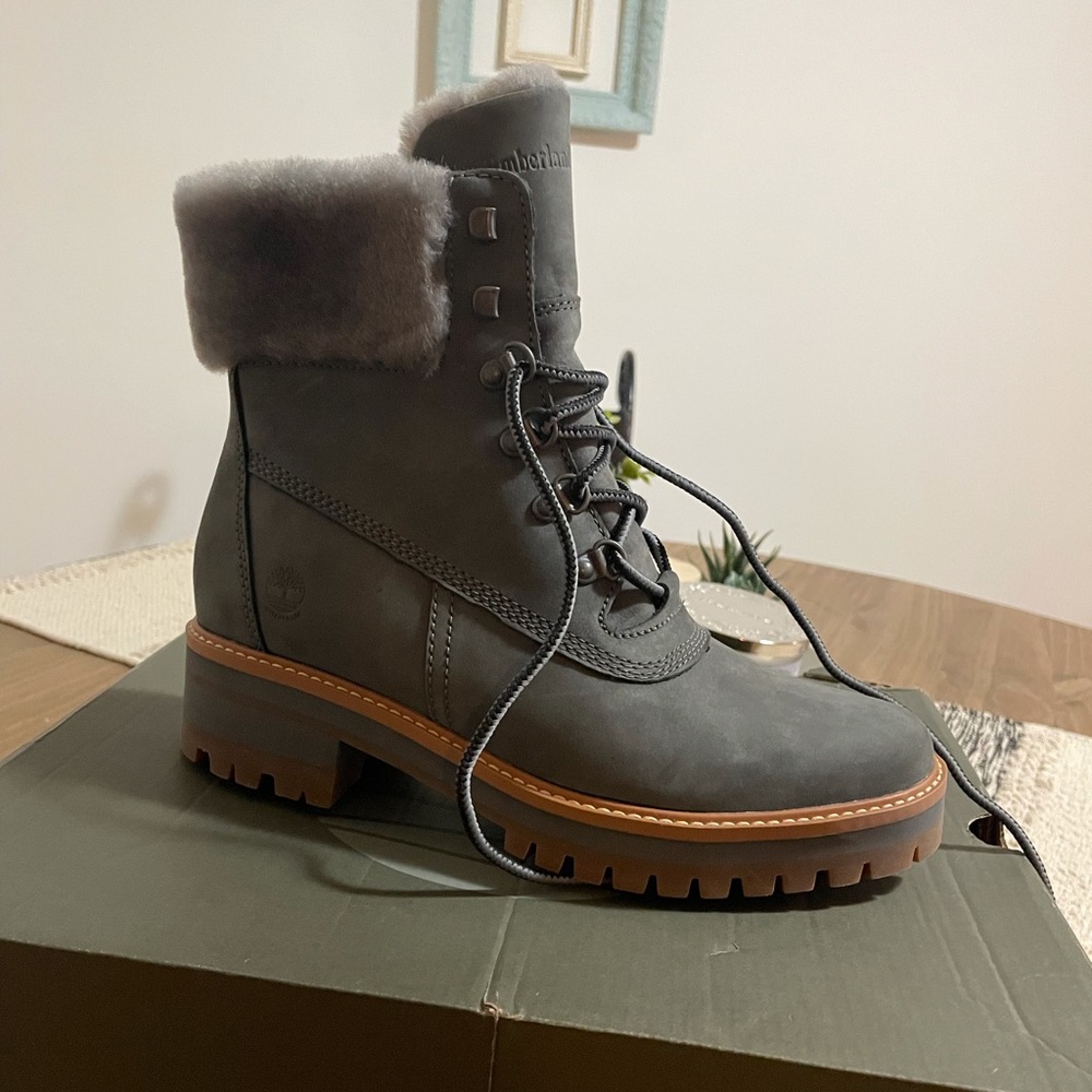 Brand new grey fur-lined Timberland boots